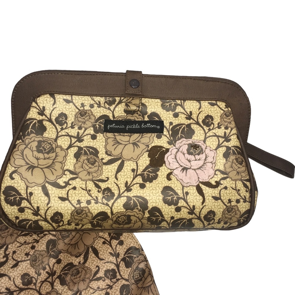 Petunia Pickle Bottom Brown Floral Cross Town Clutch Diaper Bag
